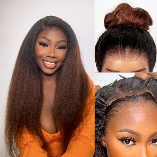 Black to Brown Ombre Yaki Straight 360 Skin Lace Frontal Invisi Strap Pre Everything Glueless Long Wig